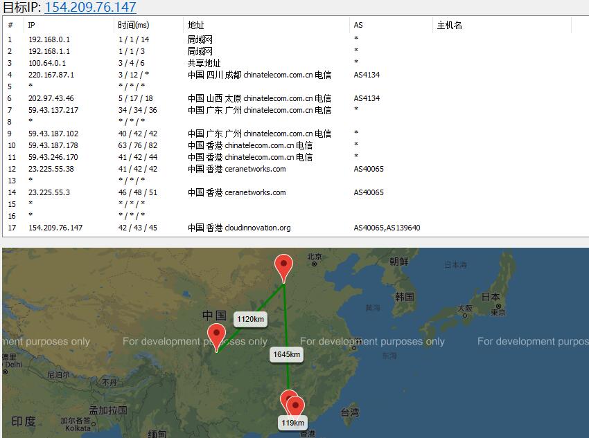 青云互联香港VPS路由效果图